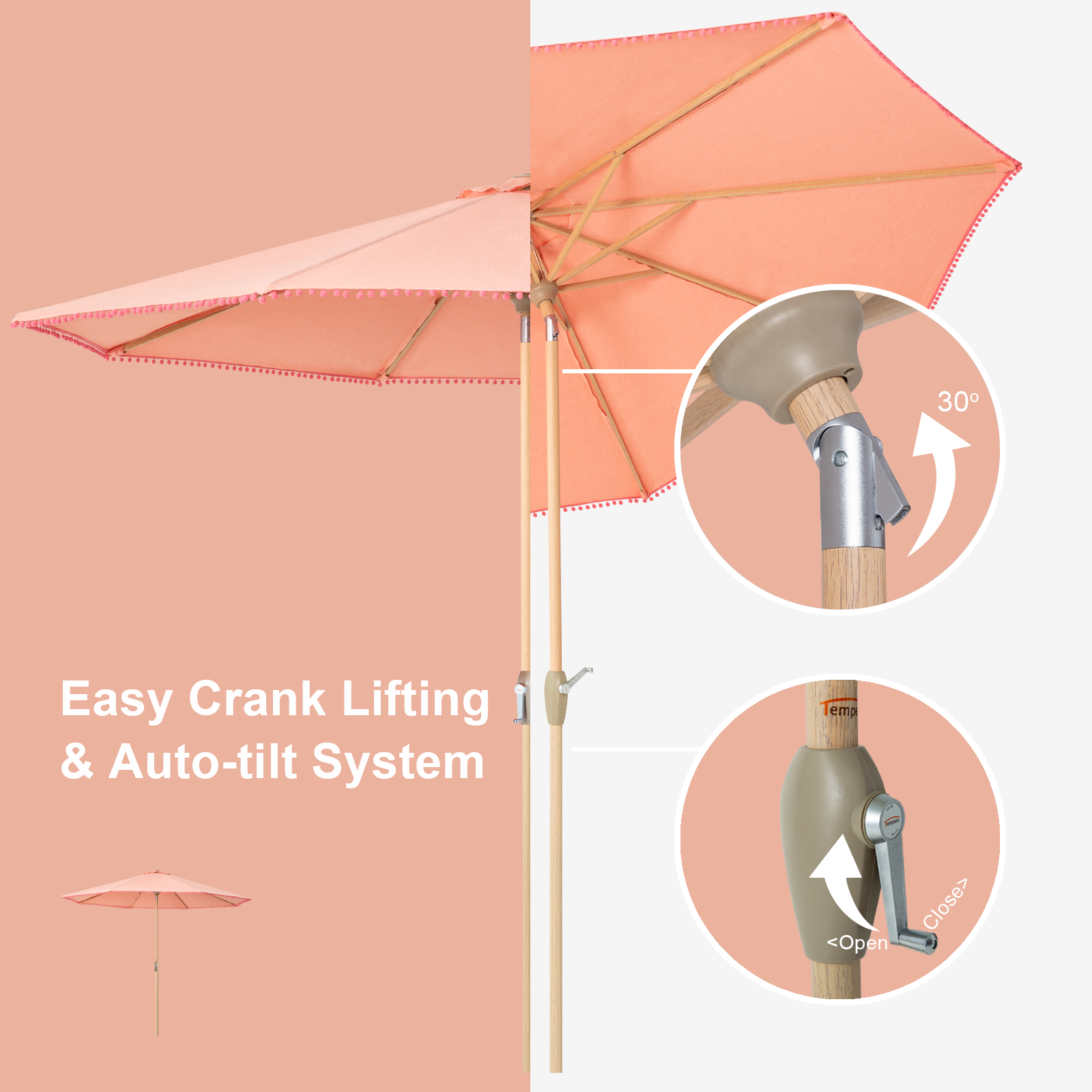 coral and aqua patio umbrella Tempera 10Ft Auto Tilt Flora Patio Umbrella Tassel Coral Red